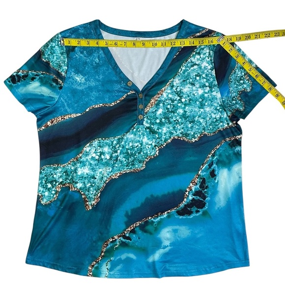 Beach Ocean Blue Top Marbled V Neck Short sleeve Women Turquoise Teal Plus 2XL - Picture 6 of 16